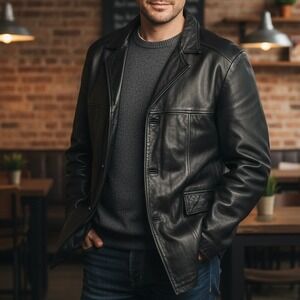 Vintage Phase 2 $325 XL Tall Black Genuine Leather Moto Biker Blazer Jacket Coat